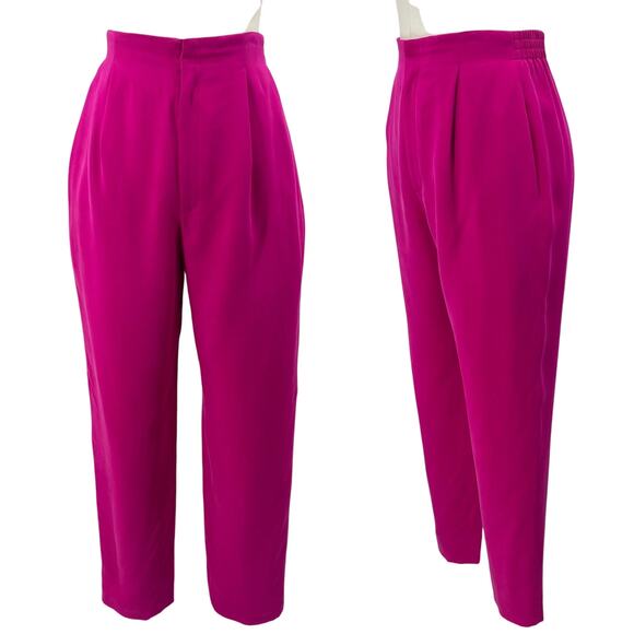 Vintage 80s Silk Pants Trousers High Rise Pleated Straight Leg Magenta Hot Pink - Picture 1 of 11